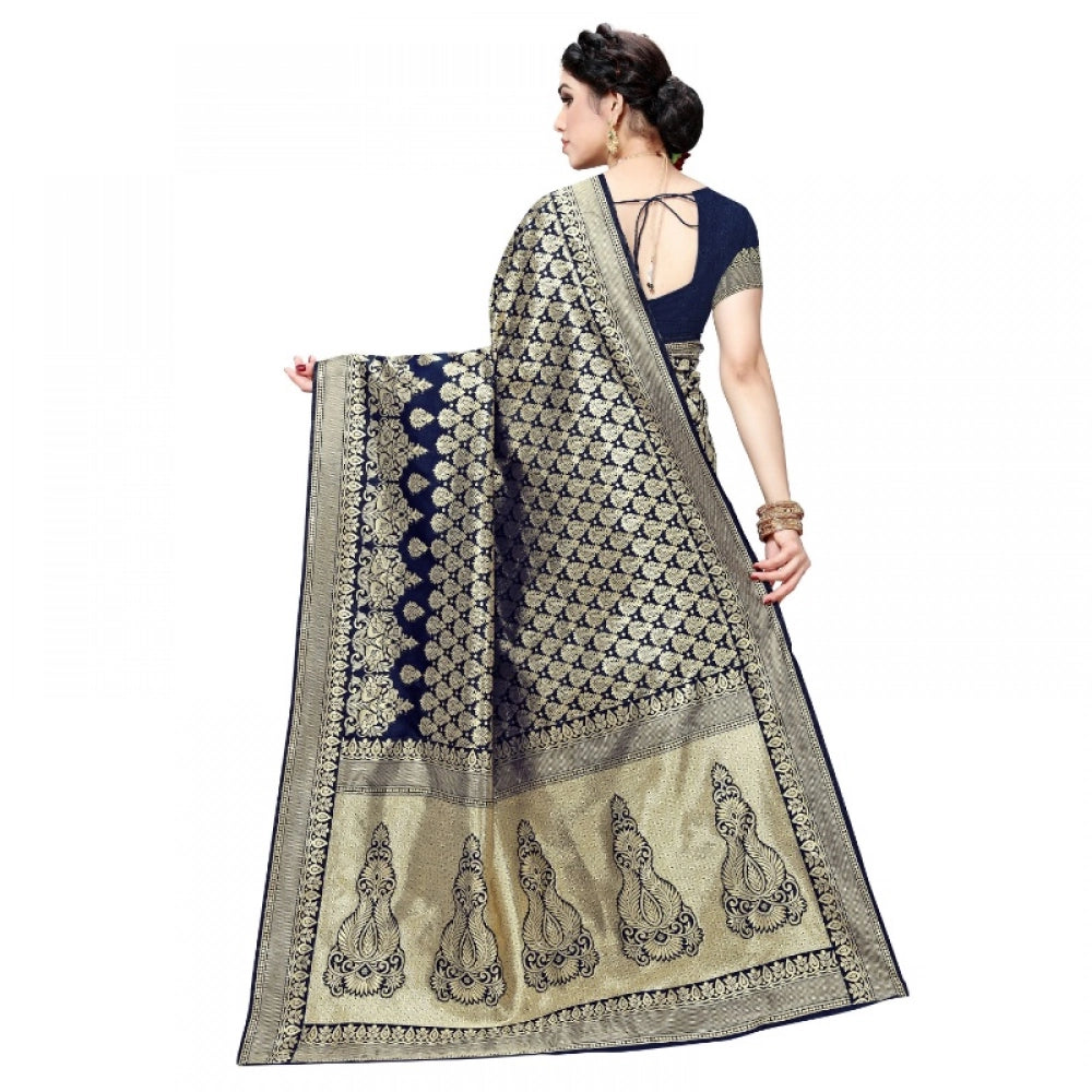 Seduva Women's Jacquard Silk Kanjivaram Jacquard Silk Saree With Blouse (Navy Blue, 5-6 Mtrs)