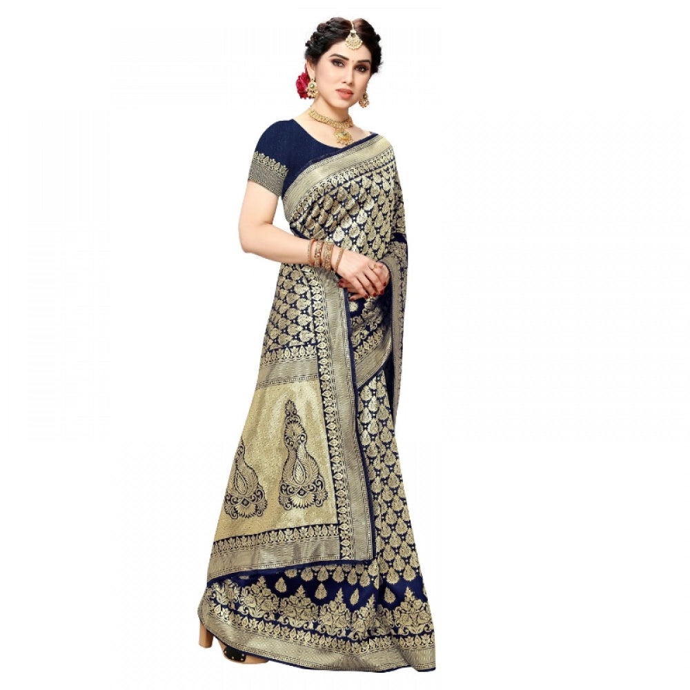 Seduva Women's Jacquard Silk Kanjivaram Jacquard Silk Saree With Blouse (Navy Blue, 5-6 Mtrs)