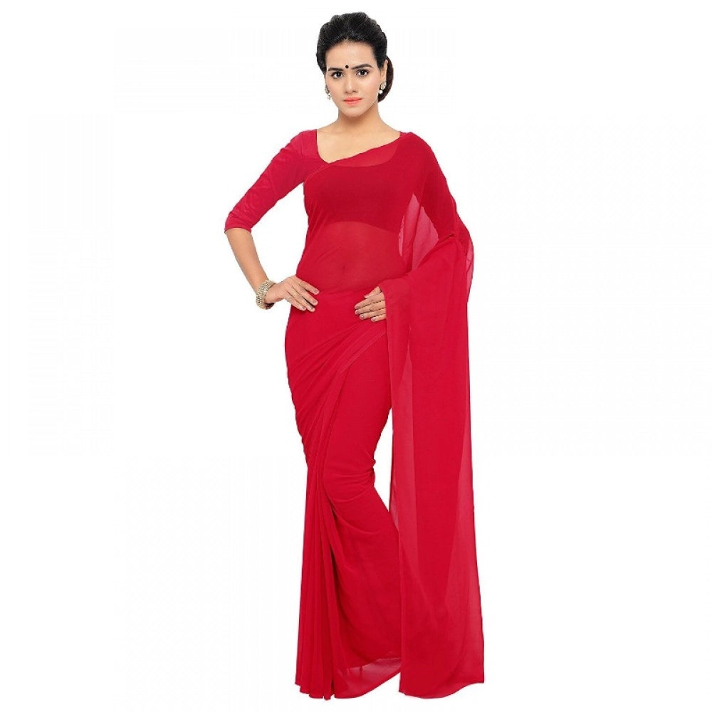Seduva Women's Georgette Plain Saree With Blouse (Red, 5-6 Mtrs)