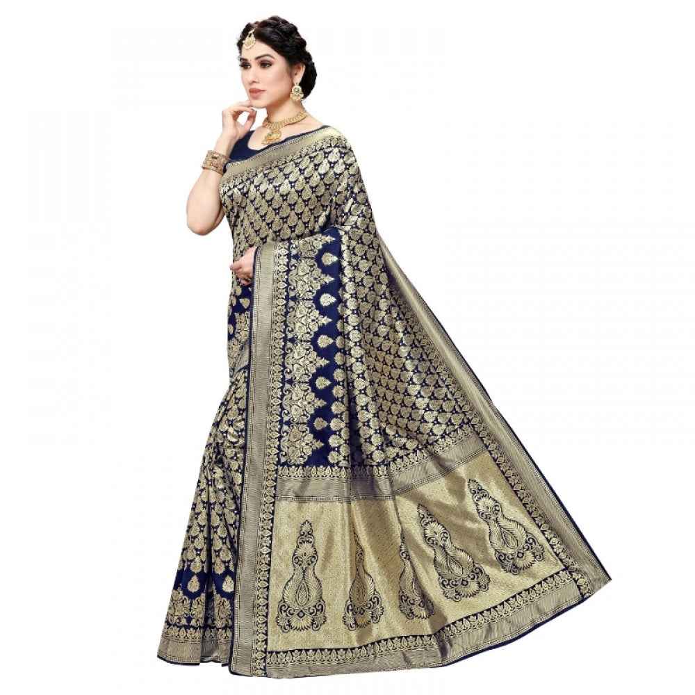 Seduva Women's Jacquard Silk Kanjivaram Jacquard Silk Saree With Blouse (Navy Blue, 5-6 Mtrs)
