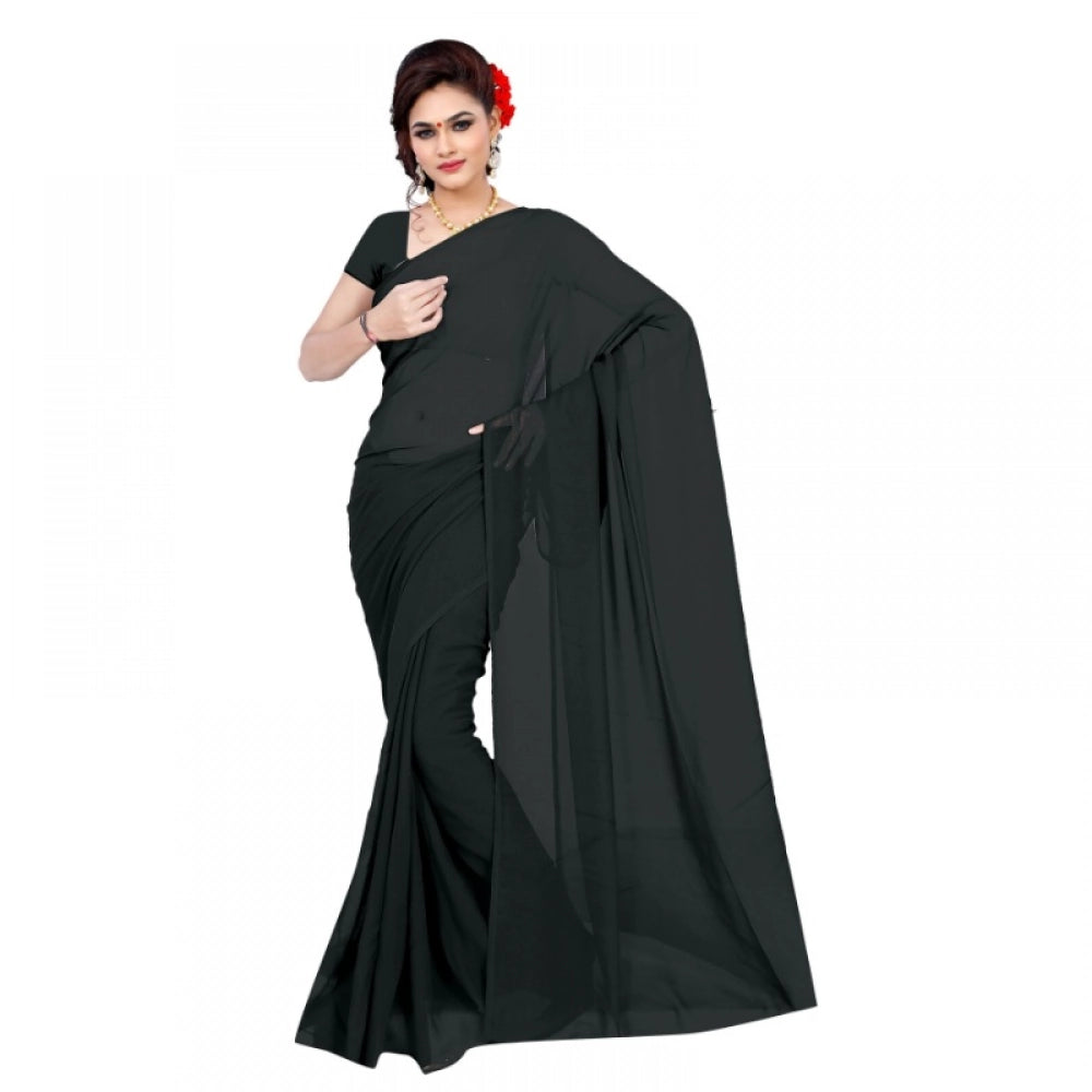 Seduva Women's Georgette Plain Saree With Blouse (Black, 5-6 Mtrs)