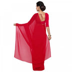 Seduva Women's Georgette Plain Saree With Blouse (Red, 5-6 Mtrs)