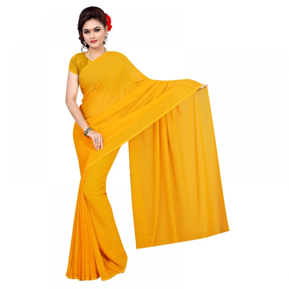 Seduva Women's Georgette Plain Saree With Blouse (Gold, 5-6 Mtrs)