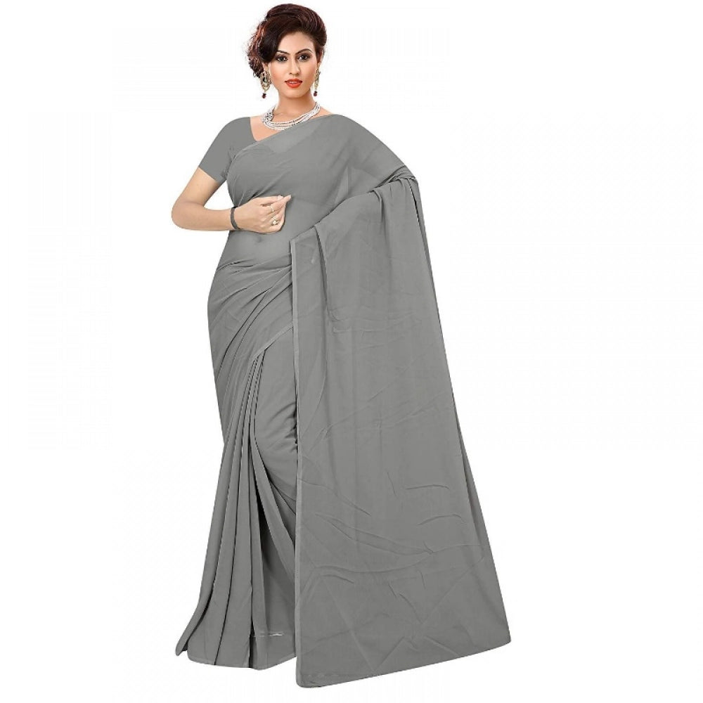 Seduva Women's Georgette Plain Saree With Blouse (Grey, 5-6 Mtrs)