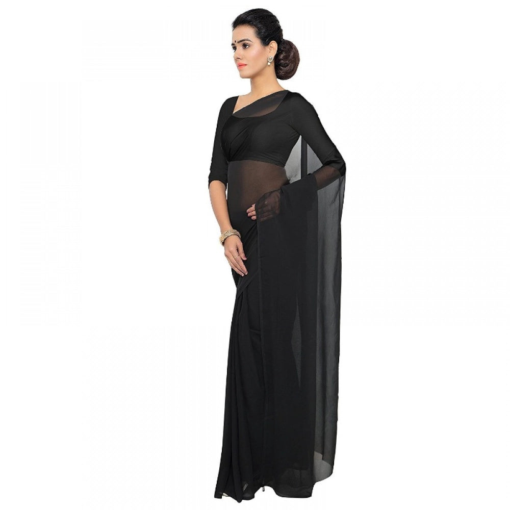 Seduva Women's Georgette Plain Saree With Blouse (Black, 5-6 Mtrs)