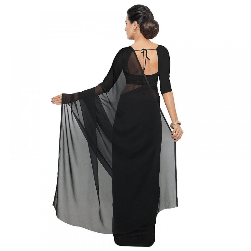 Seduva Women's Georgette Plain Saree With Blouse (Black, 5-6 Mtrs)