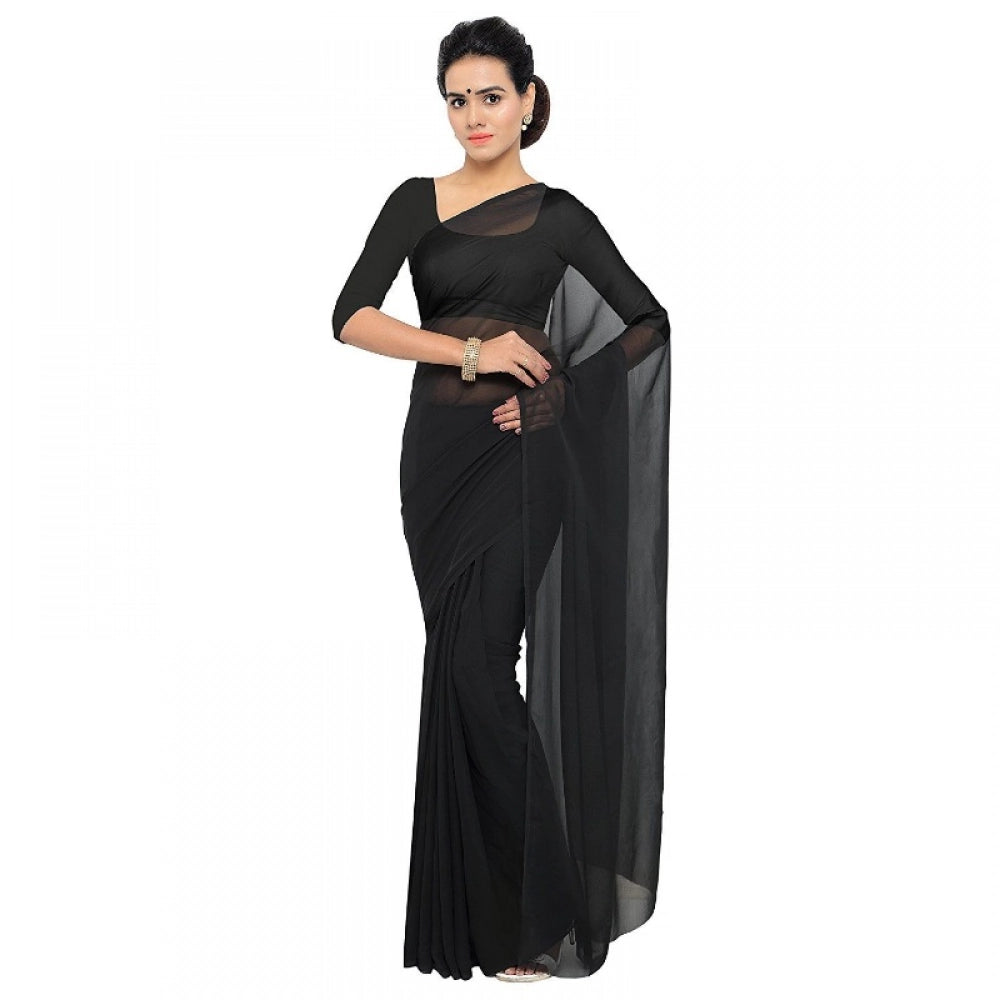 Seduva Women's Georgette Plain Saree With Blouse (Black, 5-6 Mtrs)
