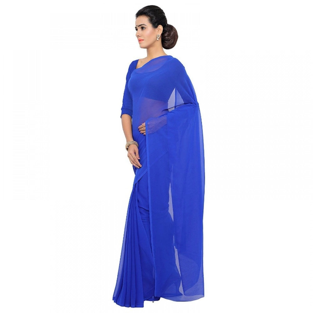 Seduva Women's Georgette Plain Saree With Blouse (Royal Blue, 5-6 Mtrs)