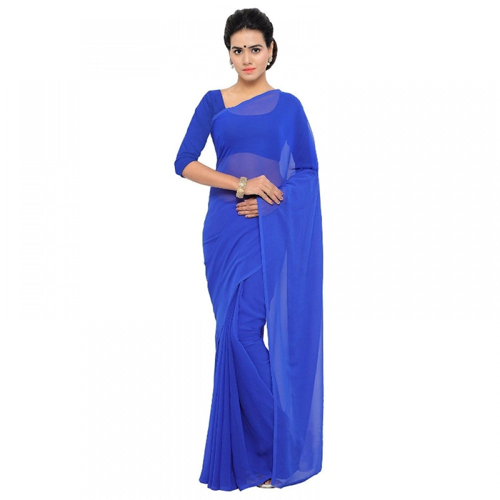 Seduva Women's Georgette Plain Saree With Blouse (Royal Blue, 5-6 Mtrs)