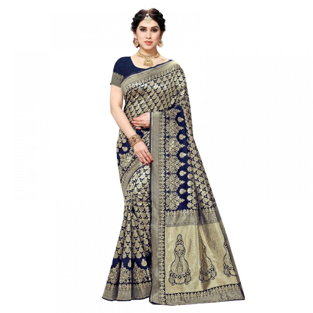 Seduva Women's Jacquard Silk Kanjivaram Jacquard Silk Saree With Blouse (Navy Blue, 5-6 Mtrs)
