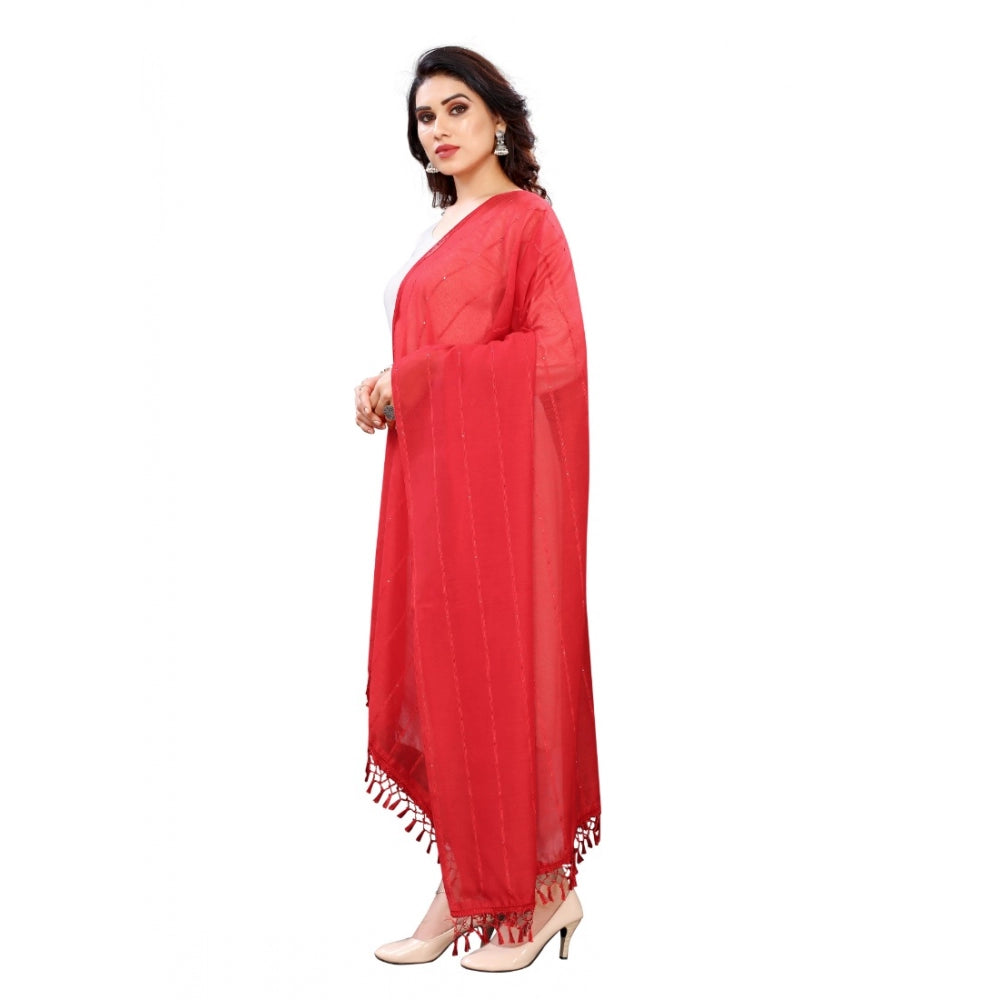Seduva Women's Cotton Silk Strips Printed Dupatta (Red, Length:2-2.4 mtr)