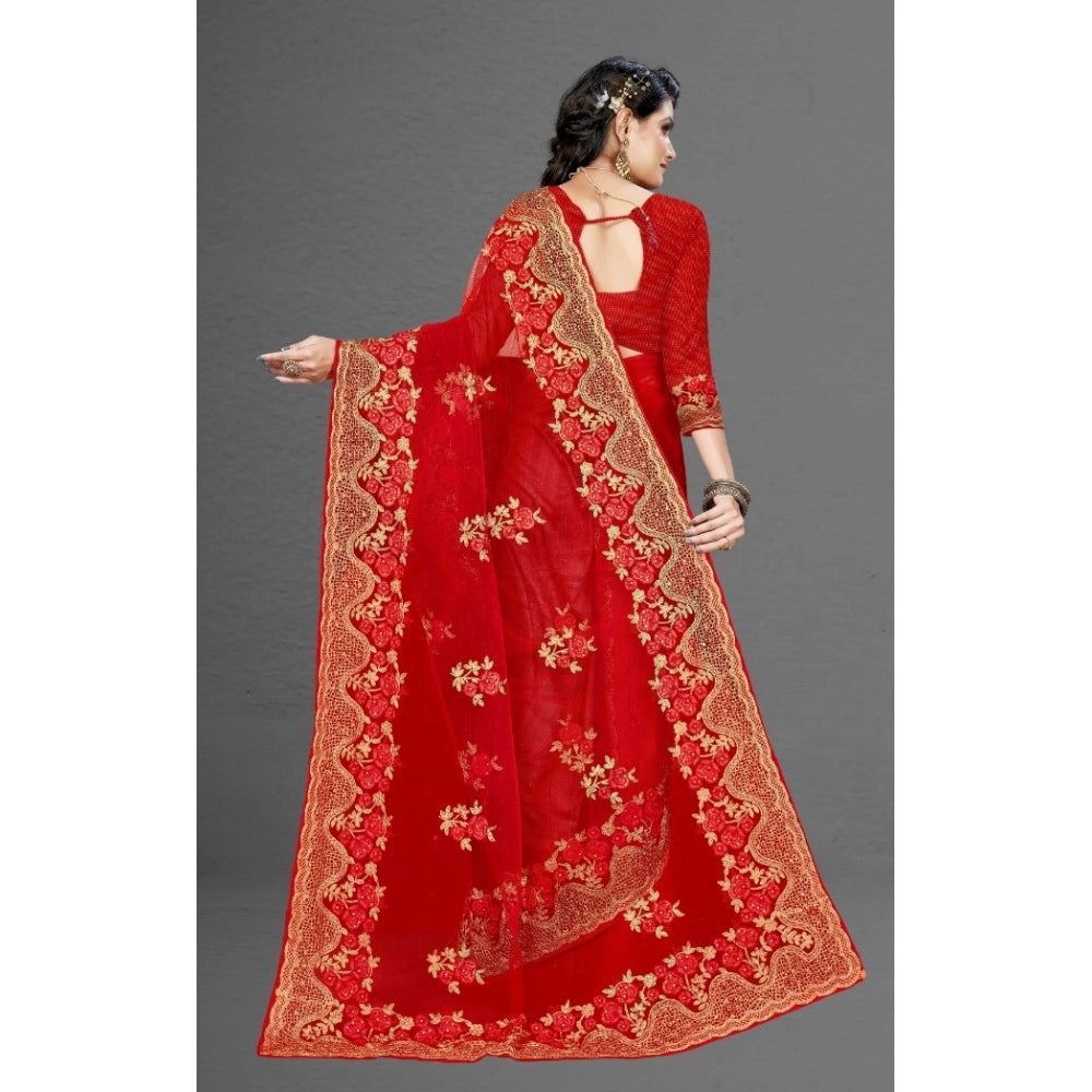 Seduva Women's Net Saree With Blouse (Red, 5-6Mtrs)