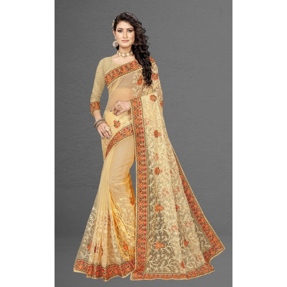 Seduva Women's Net Saree With Blouse (Chiku, 5-6Mtrs)