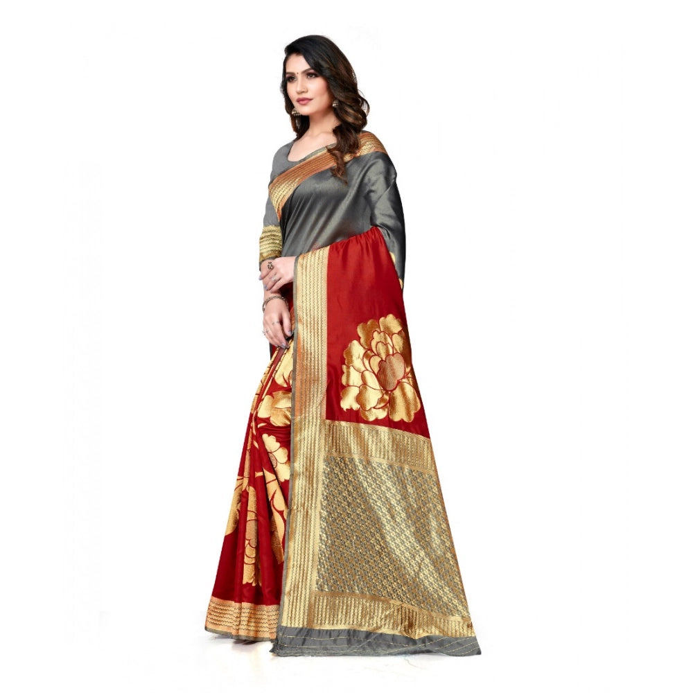 Seduva Women's Banarasi Silk Saree With Blouse (Grey, Red, 5-6Mtrs)