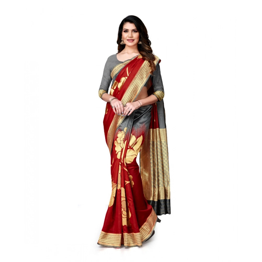 Seduva Women's Banarasi Silk Saree With Blouse (Grey, Red, 5-6Mtrs)