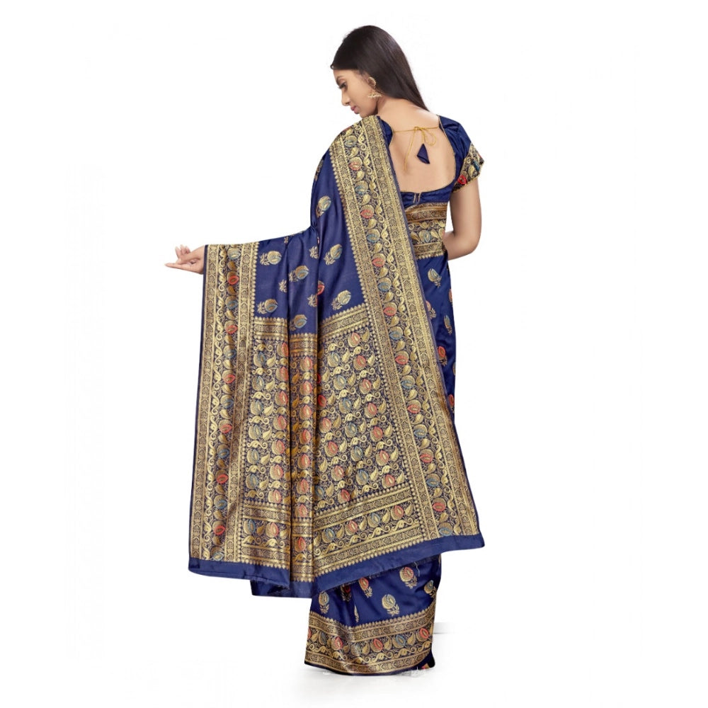 Seduva Women's Banarasi Silk Saree With Blouse (Navy Blue, 5-6Mtrs)