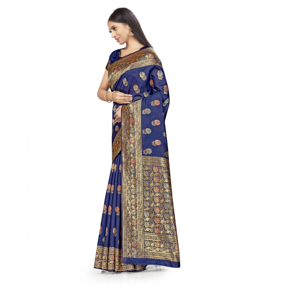 Seduva Women's Banarasi Silk Saree With Blouse (Navy Blue, 5-6Mtrs)