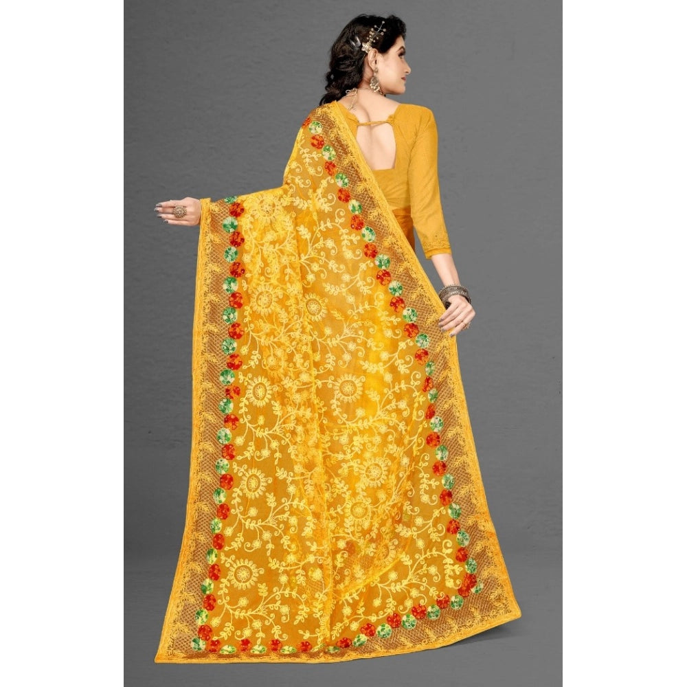 Seduva Women's Net Saree With Blouse (Yellow, 5-6Mtrs)