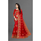 Seduva Women's Net Saree With Blouse (Red, 5-6Mtrs)