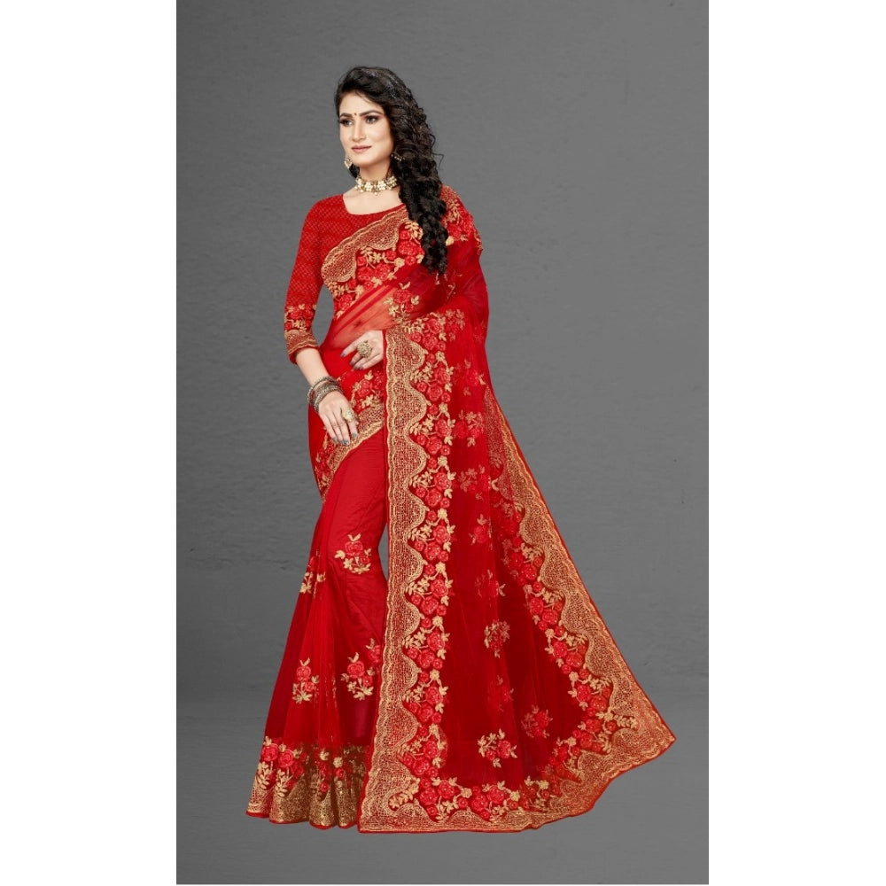 Seduva Women's Net Saree With Blouse (Red, 5-6Mtrs)