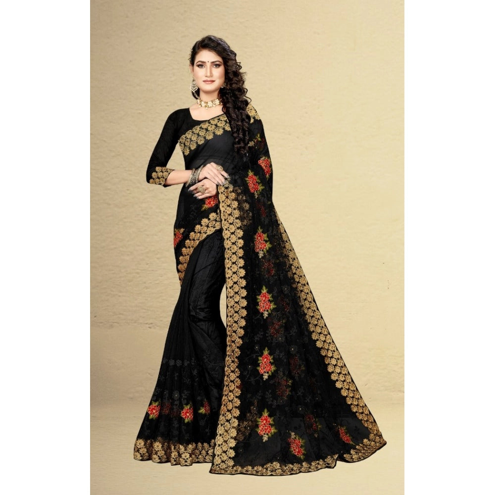 Seduva Women's Net Saree With Blouse (Black, 5-6Mtrs)