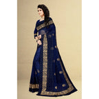 Seduva Women's Net Saree With Blouse (Navy Blue, 5-6Mtrs)