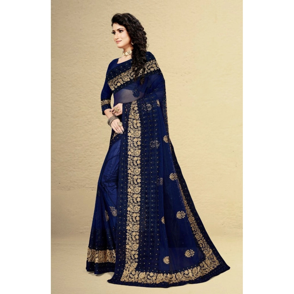 Seduva Women's Net Saree With Blouse (Navy Blue, 5-6Mtrs)