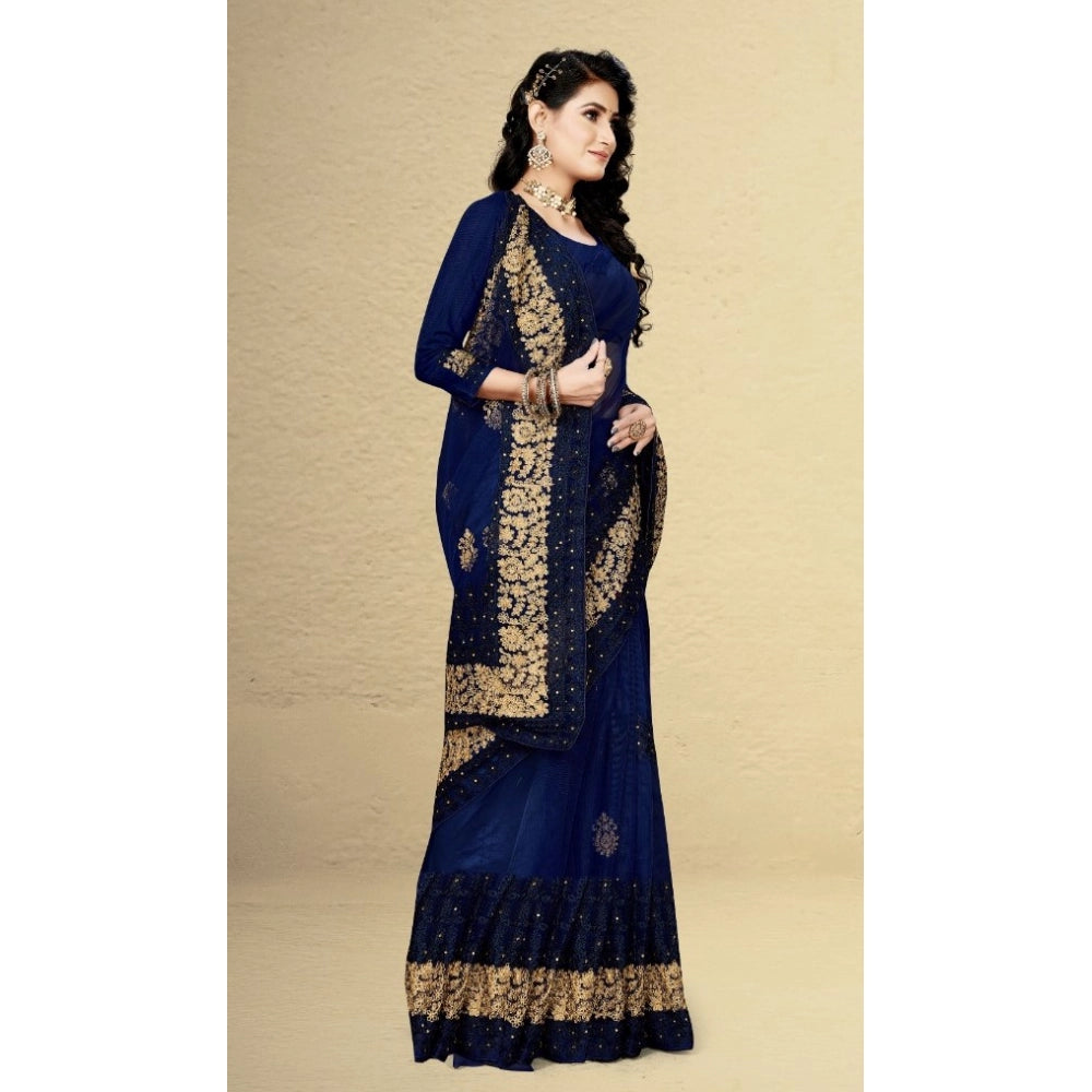 Seduva Women's Net Saree With Blouse (Navy Blue, 5-6Mtrs)