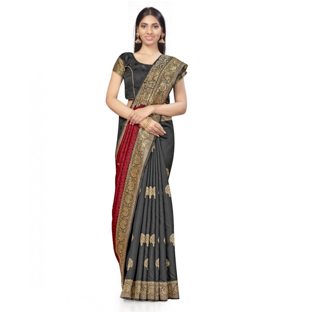 Seduva Women's Banarasi Silk Saree With Blouse (Black, Red, 5-6Mtrs)