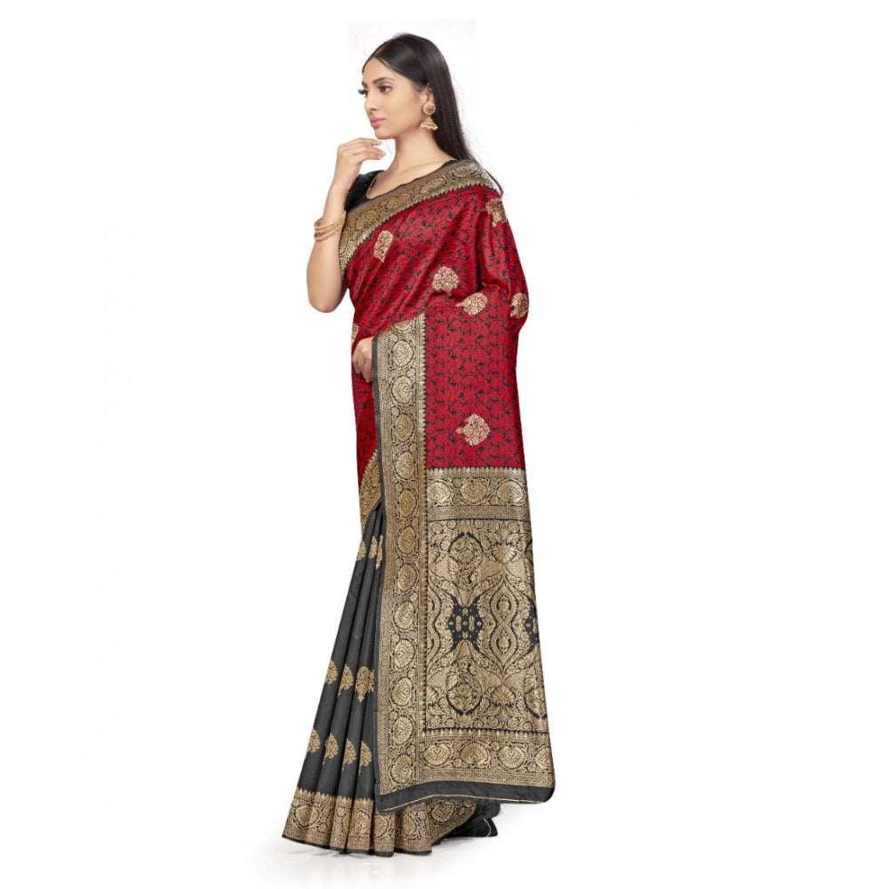 Seduva Women's Banarasi Silk Saree With Blouse (Black, Red, 5-6Mtrs)