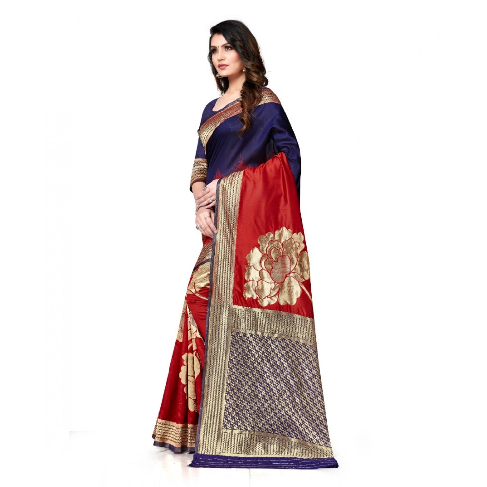 Seduva Women's Banarasi Silk Saree With Blouse (Navy Blue, Red, 5-6Mtrs)