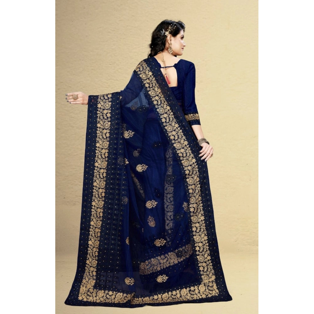 Seduva Women's Net Saree With Blouse (Navy Blue, 5-6Mtrs)