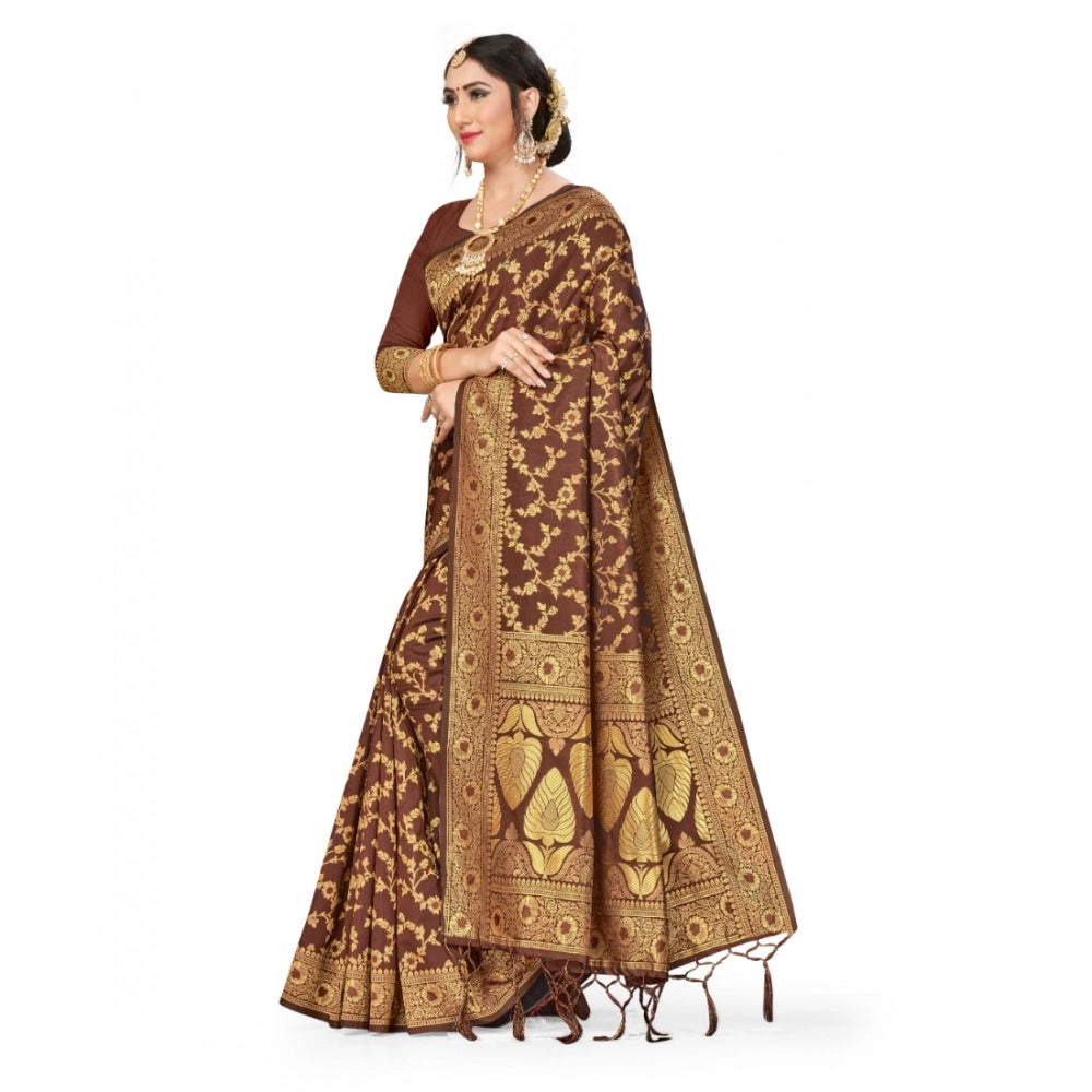 Seduva Women's Banarasi Silk Saree With Blouse (Coffee, 5-6Mtrs)