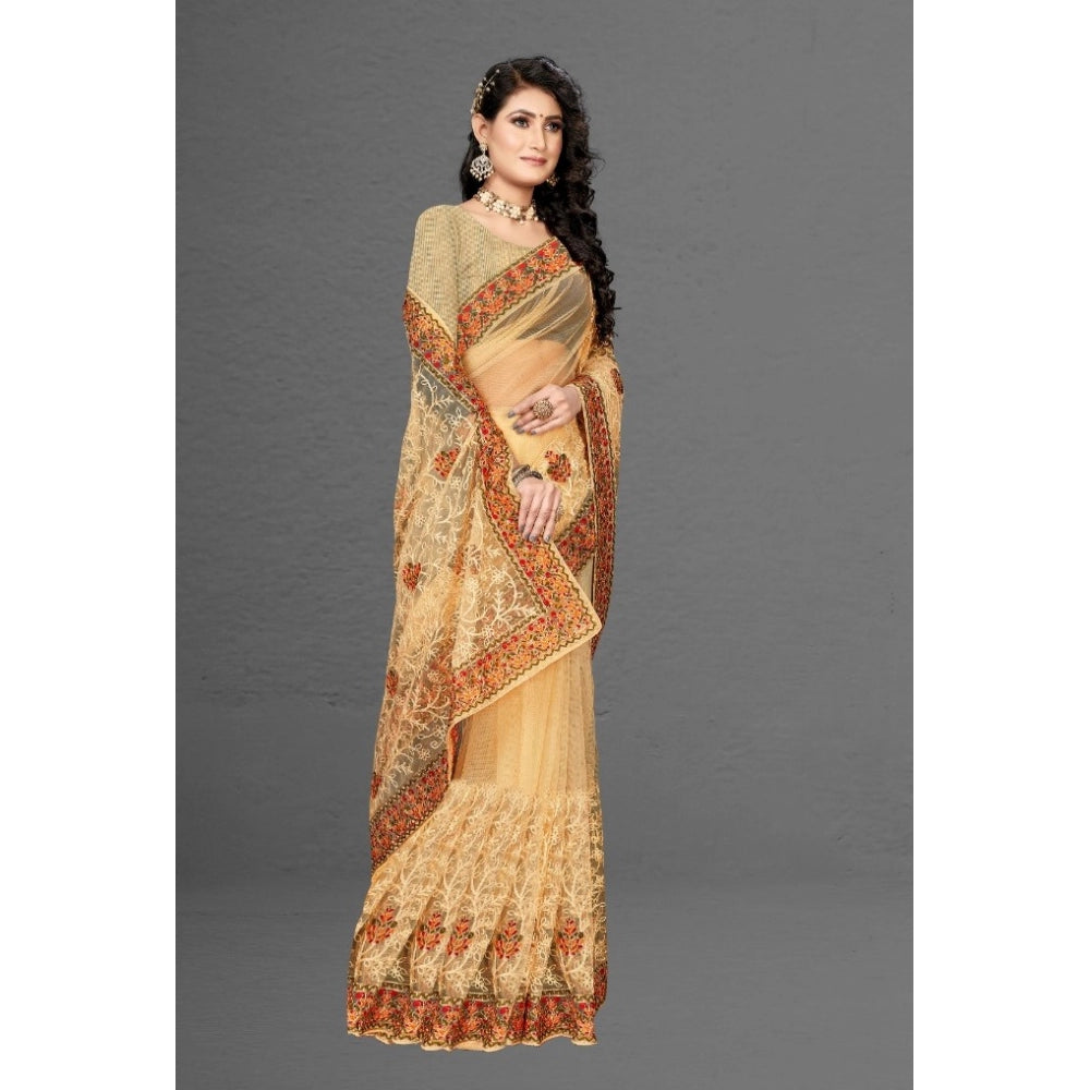 Seduva Women's Net Saree With Blouse (Chiku, 5-6Mtrs)