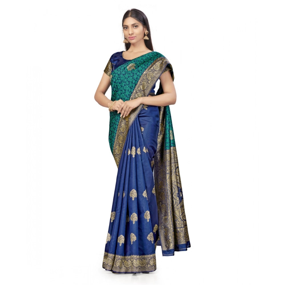 Seduva Women's Banarasi Silk Saree With Blouse (Navy Blue, Rama, 5-6Mtrs)