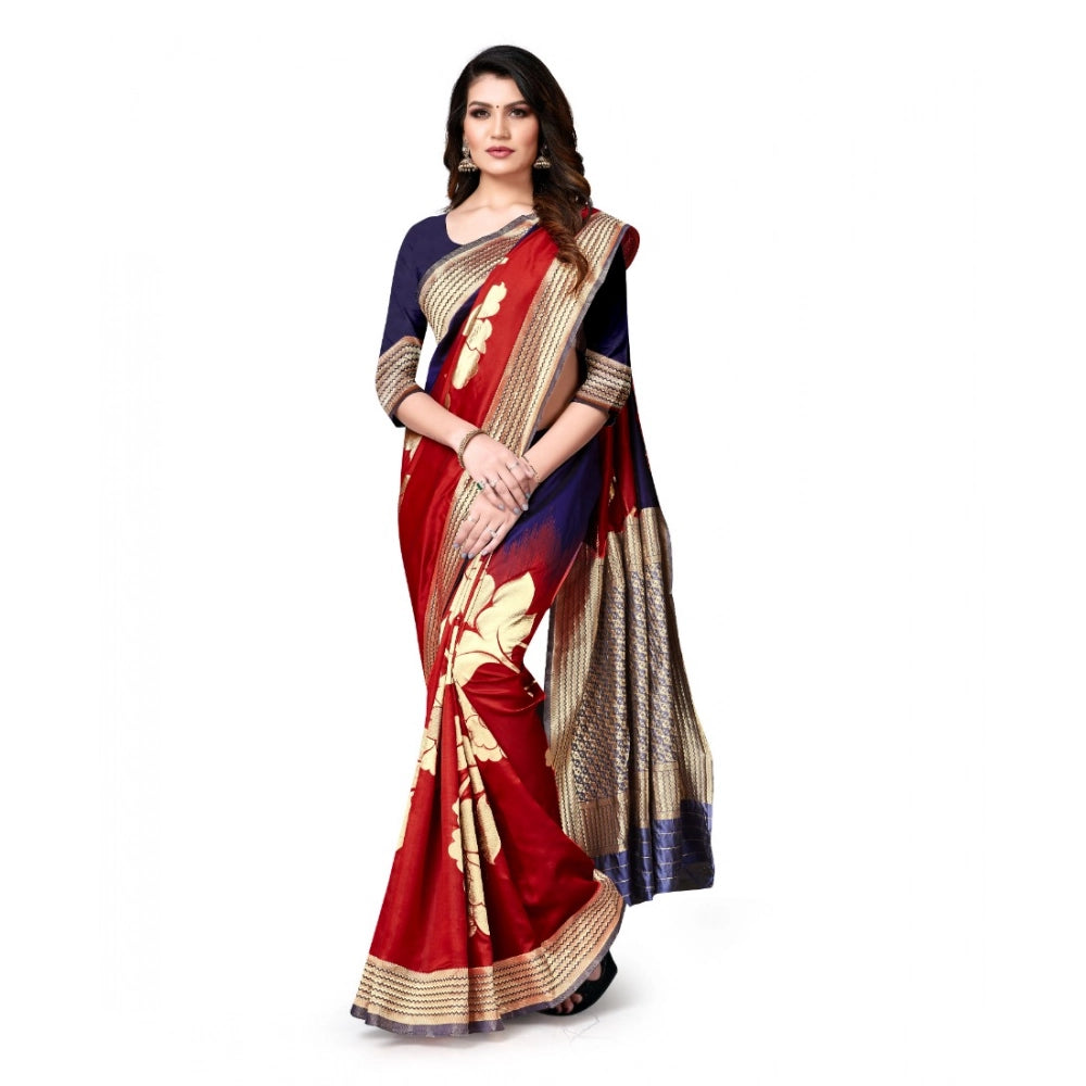 Seduva Women's Banarasi Silk Saree With Blouse (Navy Blue, Red, 5-6Mtrs)