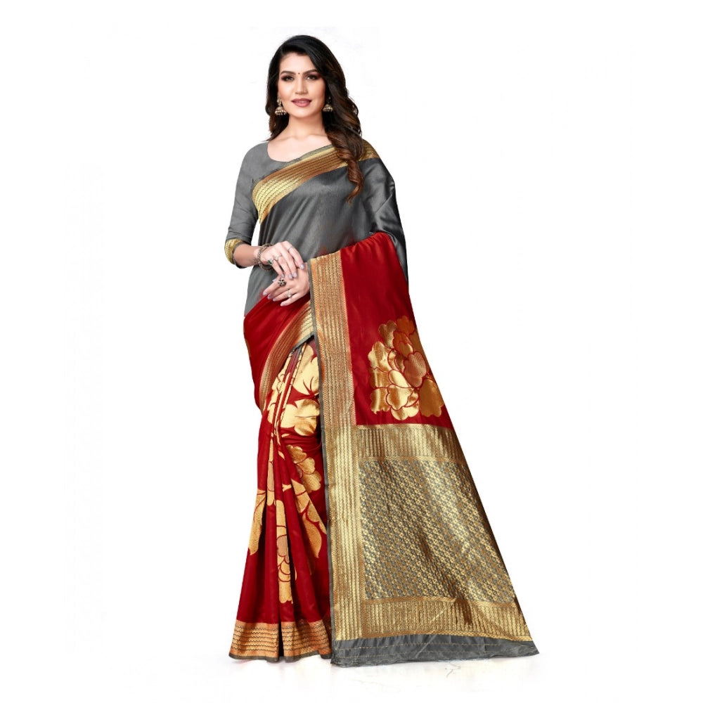 Seduva Women's Banarasi Silk Saree With Blouse (Grey, Red, 5-6Mtrs)