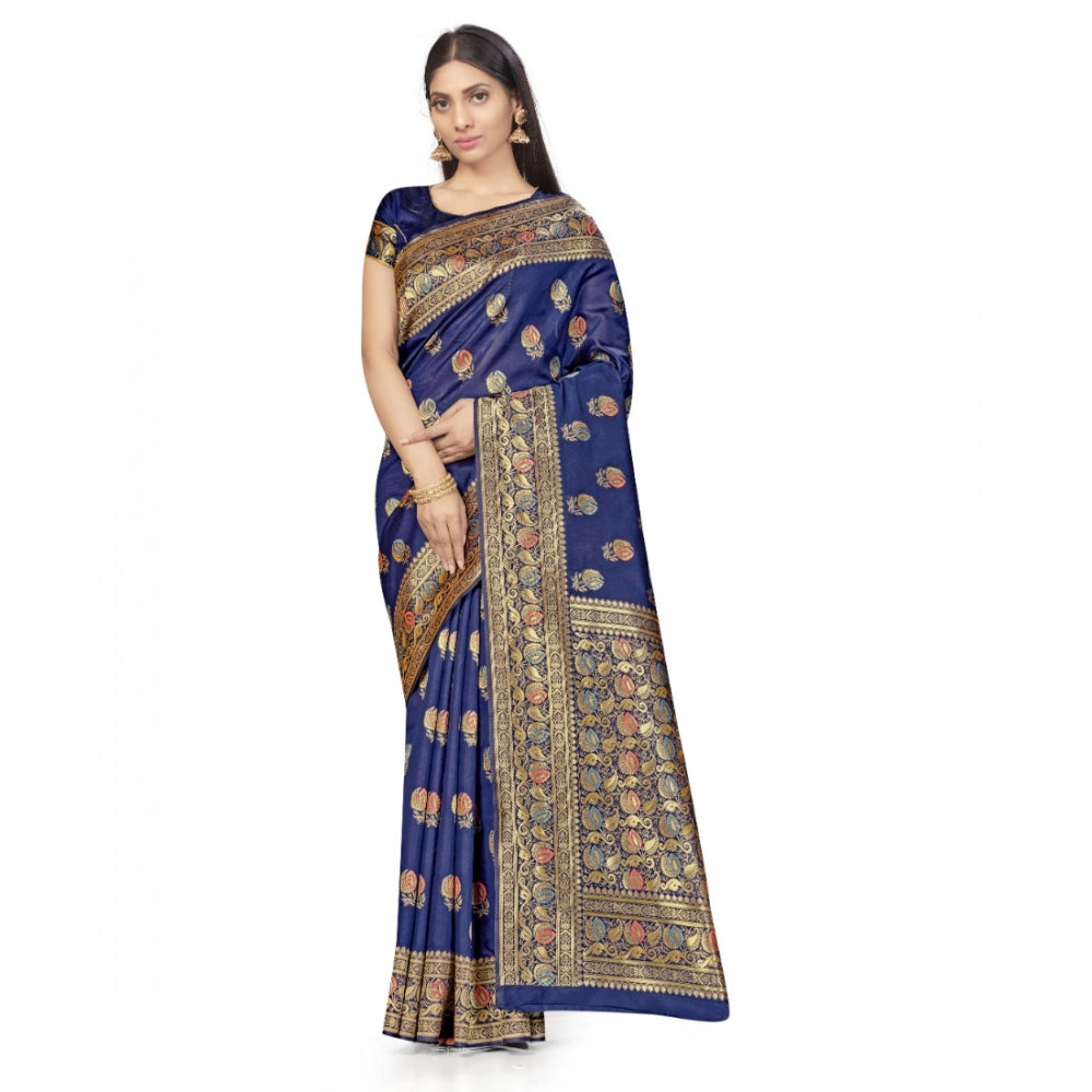 Seduva Women's Banarasi Silk Saree With Blouse (Navy Blue, 5-6Mtrs)