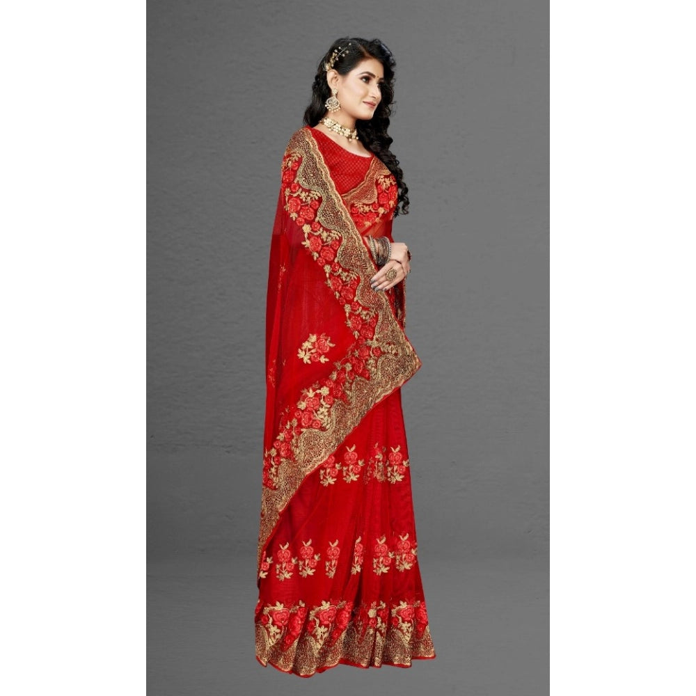 Seduva Women's Net Saree With Blouse (Red, 5-6Mtrs)