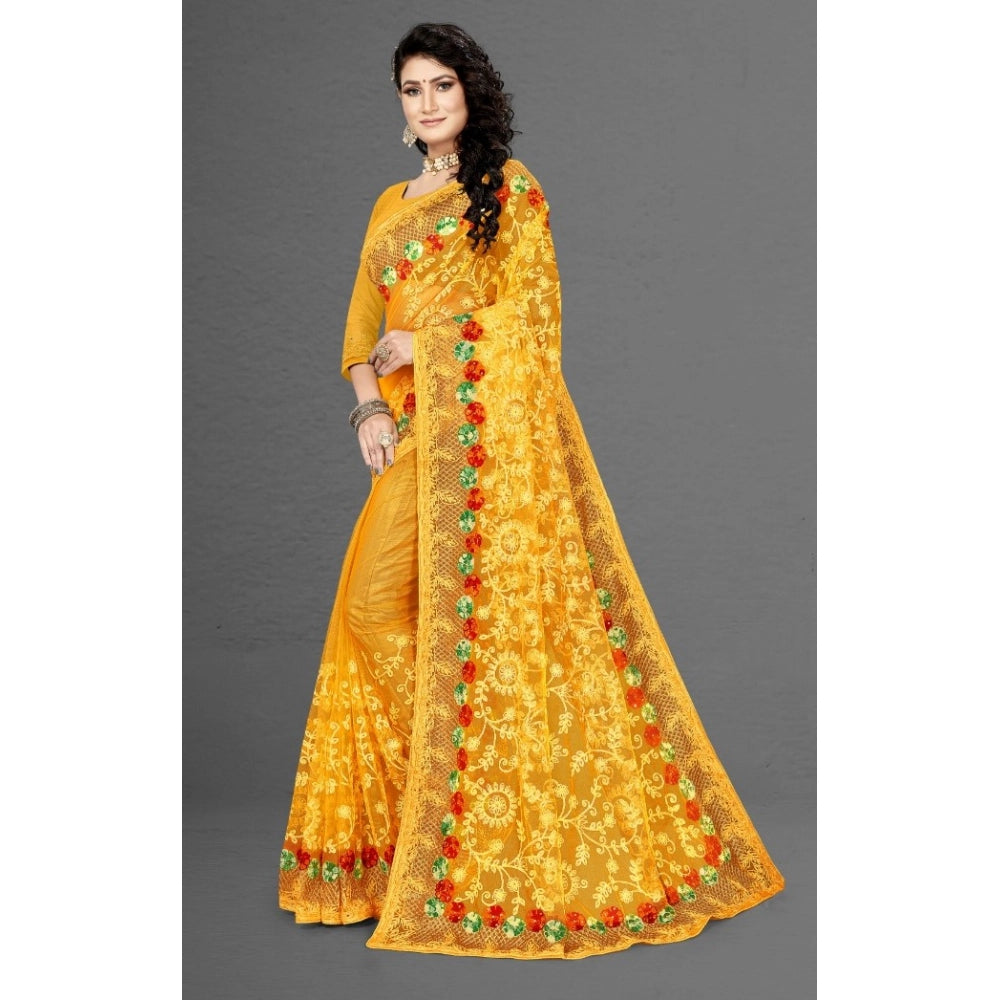Seduva Women's Net Saree With Blouse (Yellow, 5-6Mtrs)