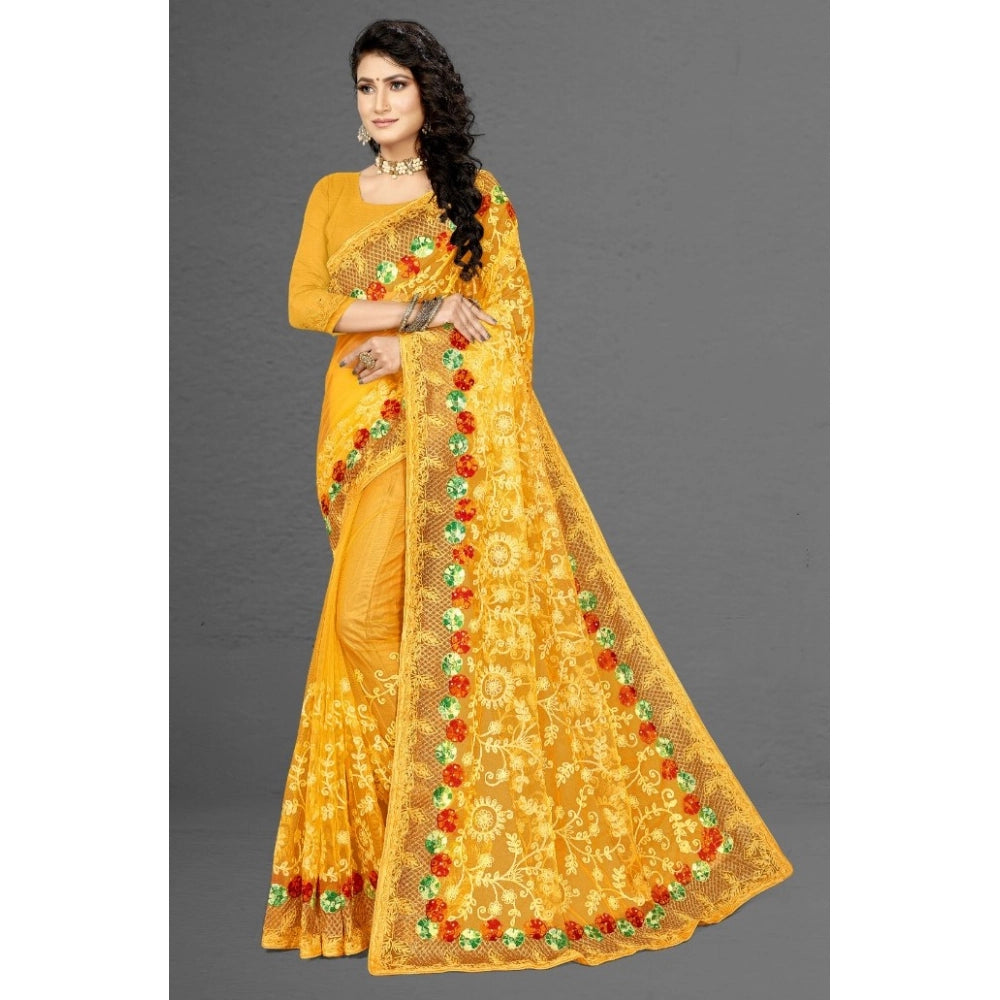 Seduva Women's Net Saree With Blouse (Yellow, 5-6Mtrs)