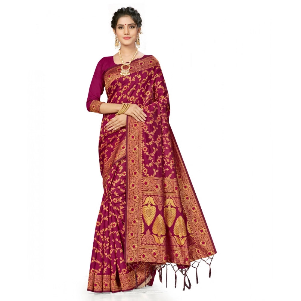 Seduva Women's Banarasi Silk Saree With Blouse (Wine, 5-6Mtrs)