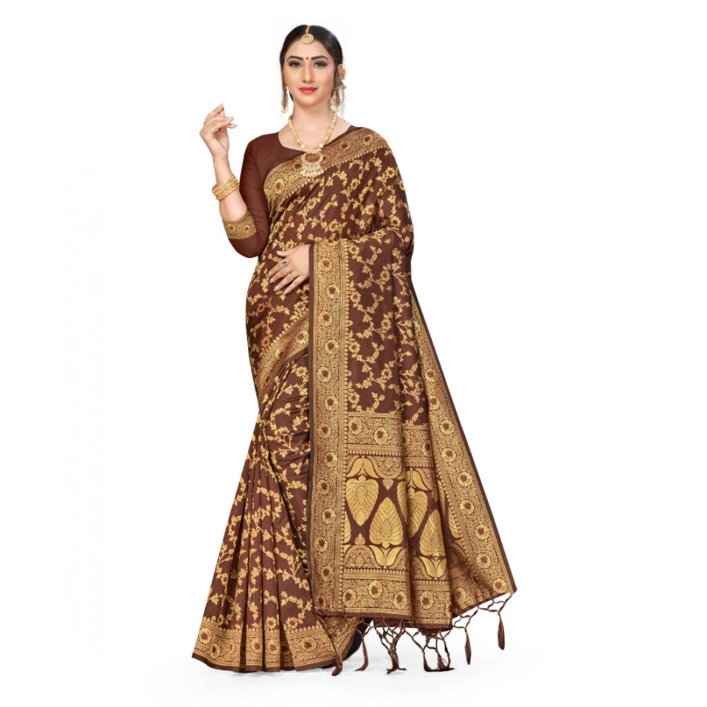 Seduva Women's Banarasi Silk Saree With Blouse (Coffee, 5-6Mtrs)