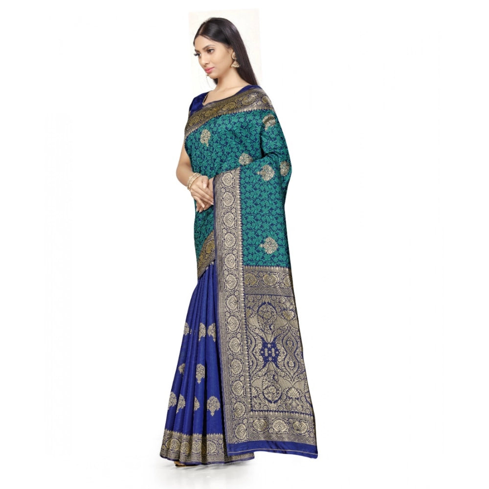 Seduva Women's Banarasi Silk Saree With Blouse (Navy Blue, Rama, 5-6Mtrs)