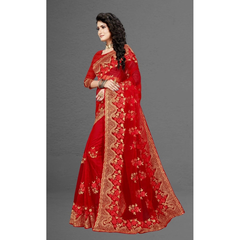 Seduva Women's Net Saree With Blouse (Red, 5-6Mtrs)