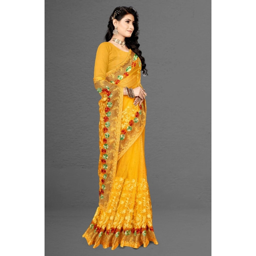 Seduva Women's Net Saree With Blouse (Yellow, 5-6Mtrs)