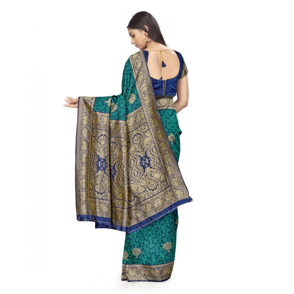 Seduva Women's Banarasi Silk Saree With Blouse (Navy Blue, Rama, 5-6Mtrs)