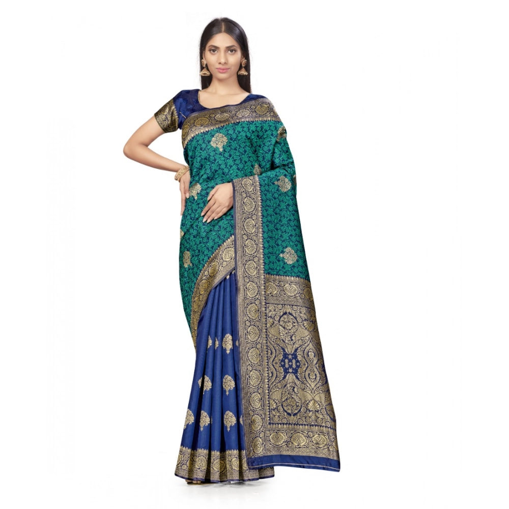 Seduva Women's Banarasi Silk Saree With Blouse (Navy Blue, Rama, 5-6Mtrs)