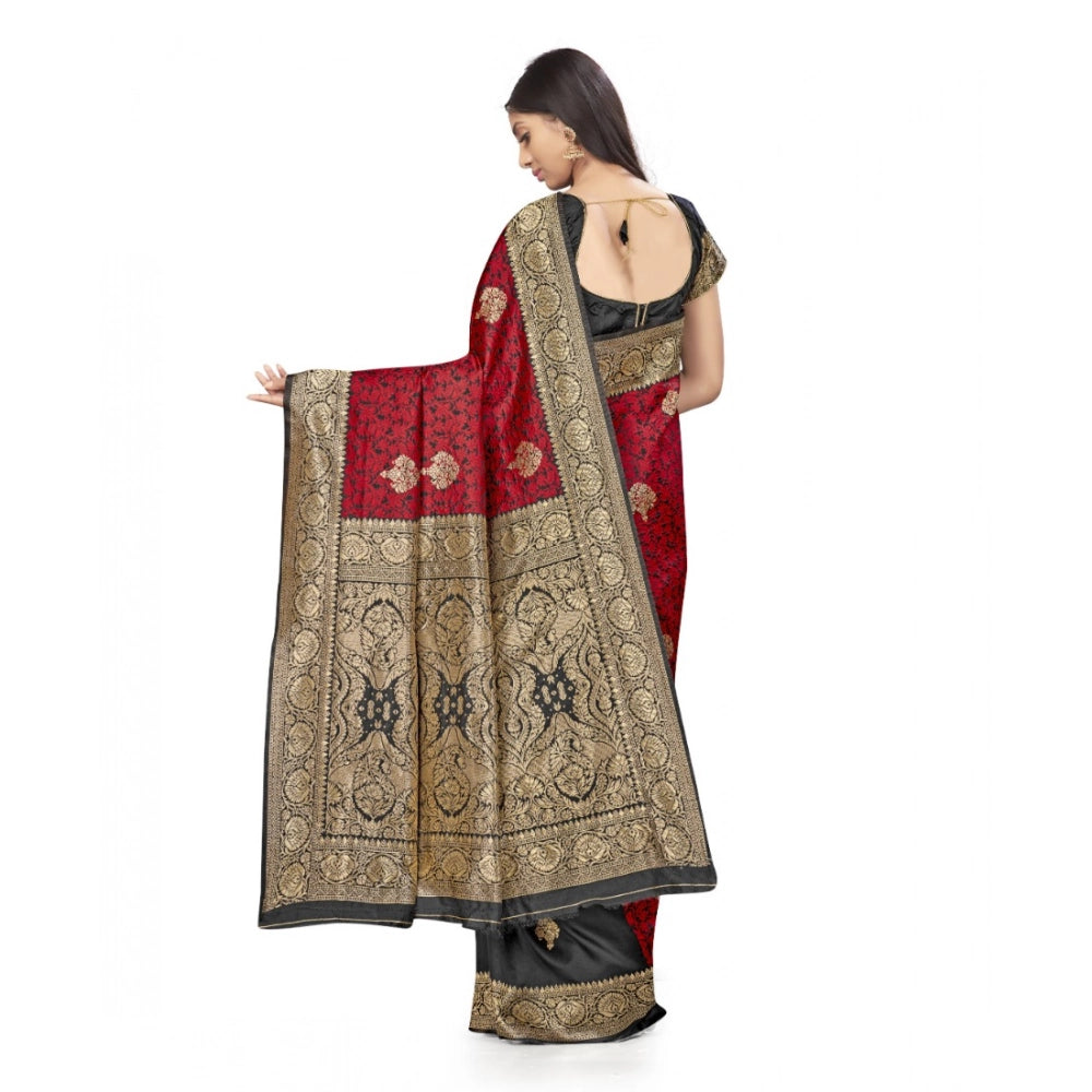 Seduva Women's Banarasi Silk Saree With Blouse (Black, Red, 5-6Mtrs)