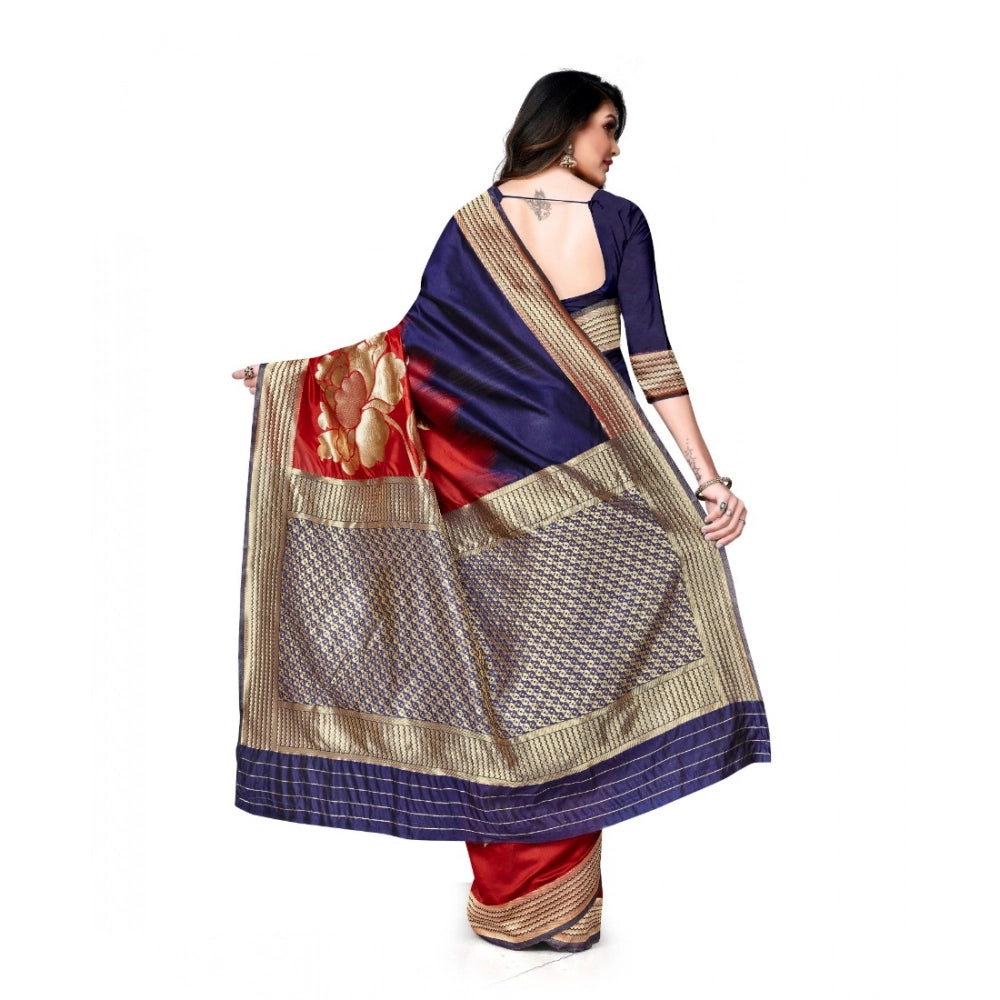 Seduva Women's Banarasi Silk Saree With Blouse (Navy Blue, Red, 5-6Mtrs)